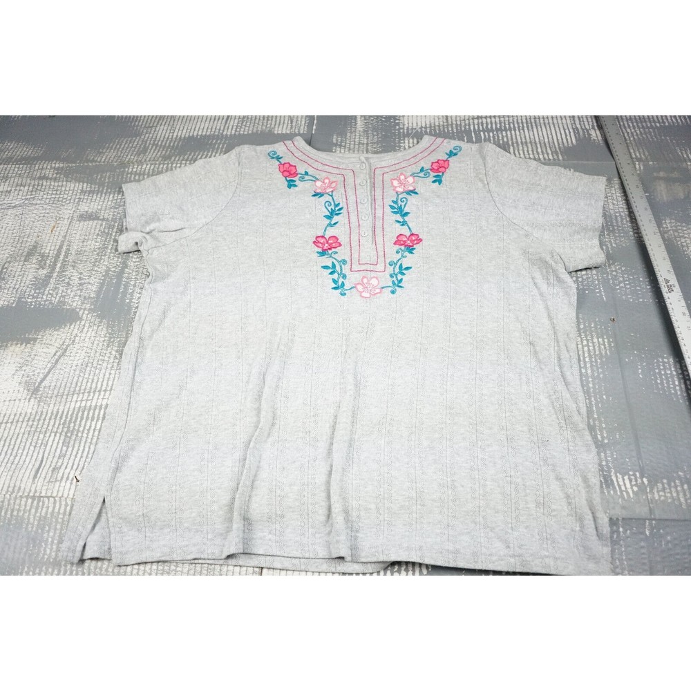 Women Within Blouse womens 1x gray short sleeve embroidered cotton stretch boho